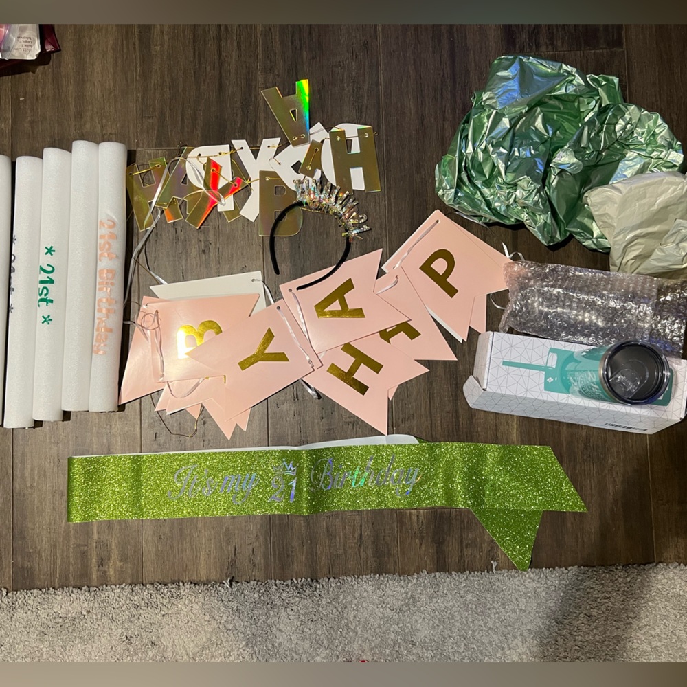21st birthday party crown, cup, banners, sash, balloons, light up wands